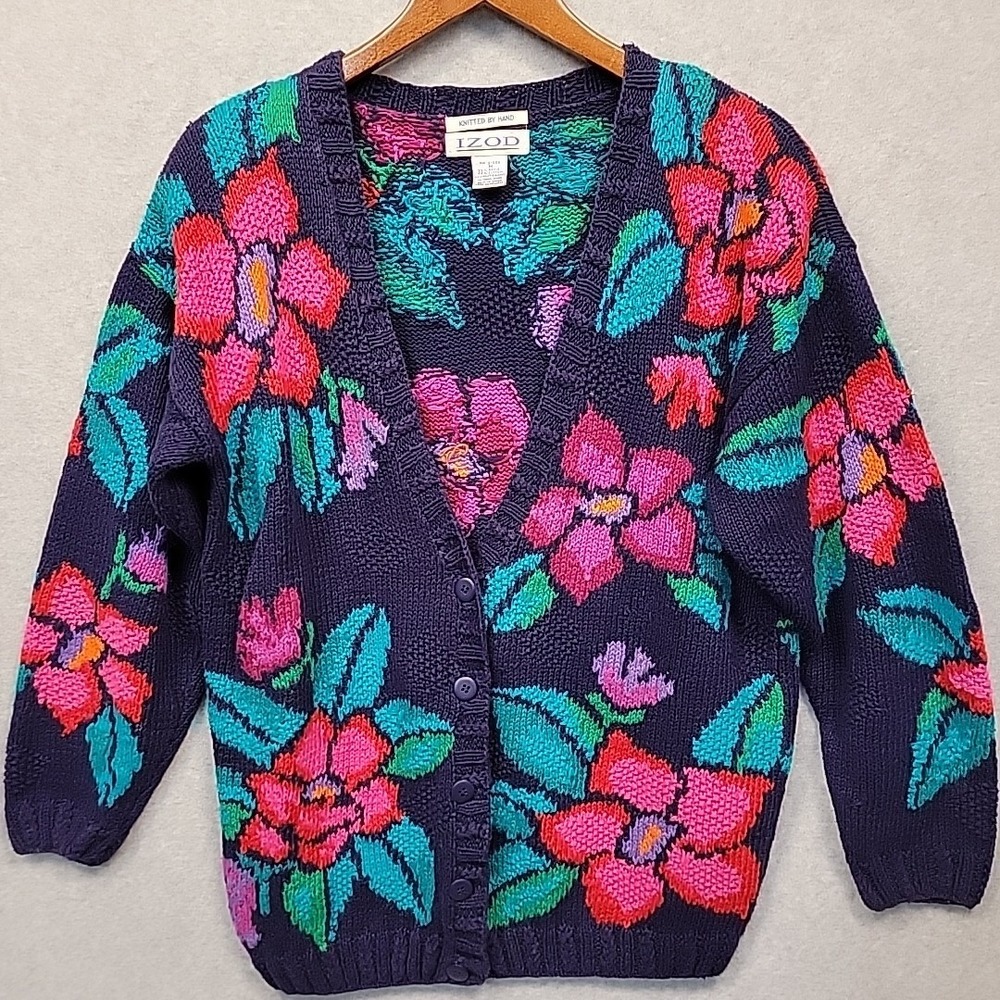 Vintage Izod Sweater Women M Floral Cardigan Hand Knit Cotton Blend Vibrant Rare